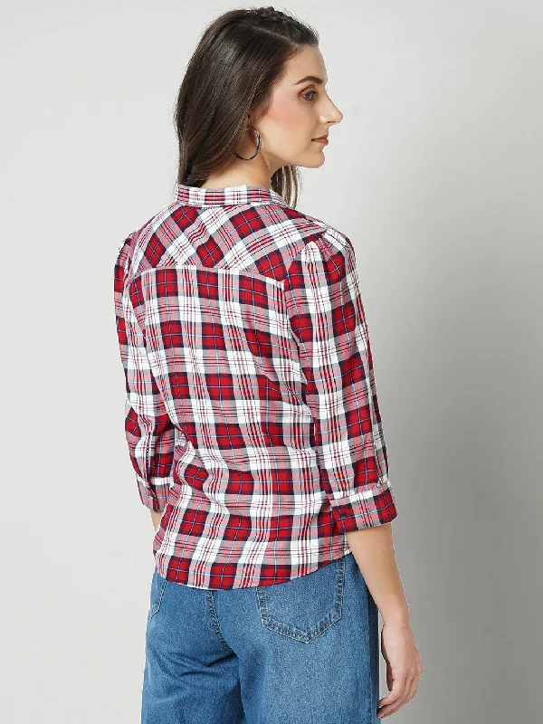 Women Red Checked Three-Quarter Sleeves Shirts