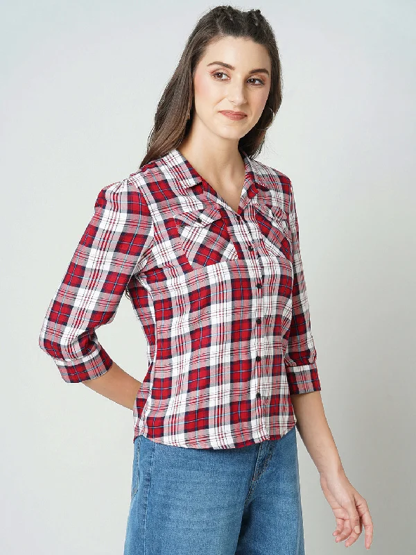 Women Red Checked Three-Quarter Sleeves Shirts