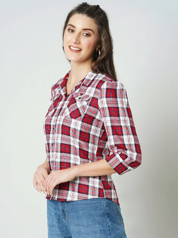 Women Red Checked Three-Quarter Sleeves Shirts