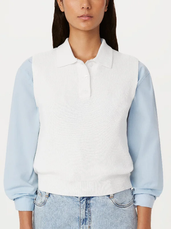 The Sleeveless Polo Sweater in White