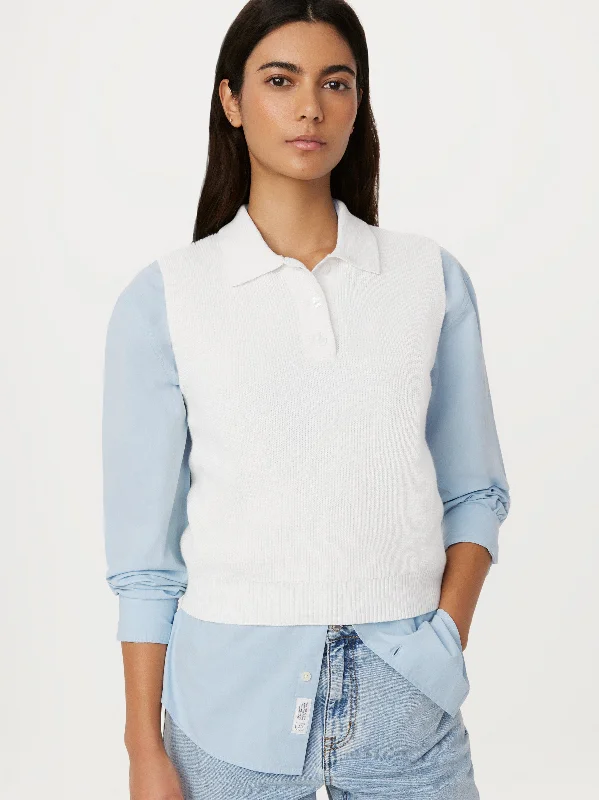 The Sleeveless Polo Sweater in White