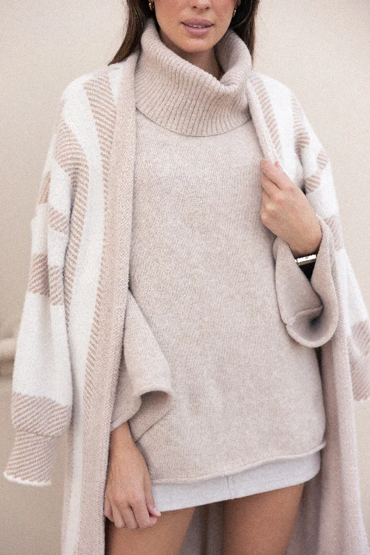 Anita Stripe Long Cardigan - Beige