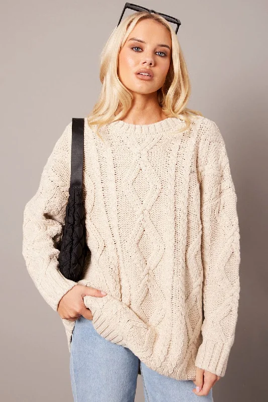 Beige Cable Knit Top Long Sleeve Longline