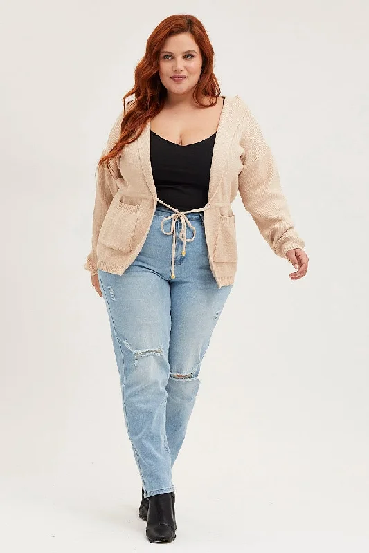 Beige Knit Cardigan Long Sleeve Hoodie