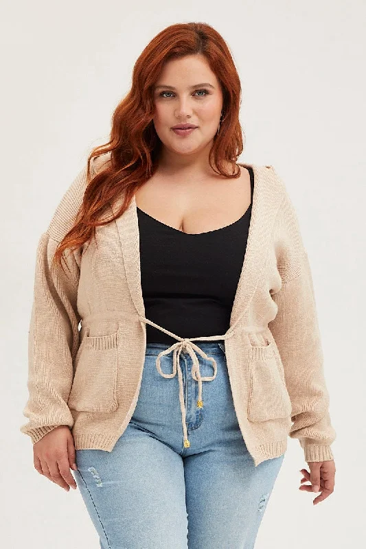 Beige Knit Cardigan Long Sleeve Hoodie