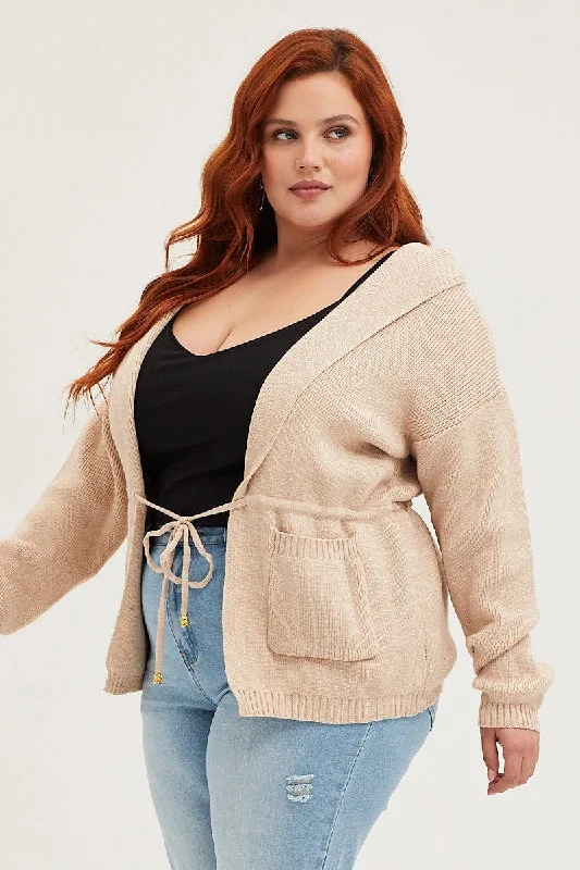 Beige Knit Cardigan Long Sleeve Hoodie