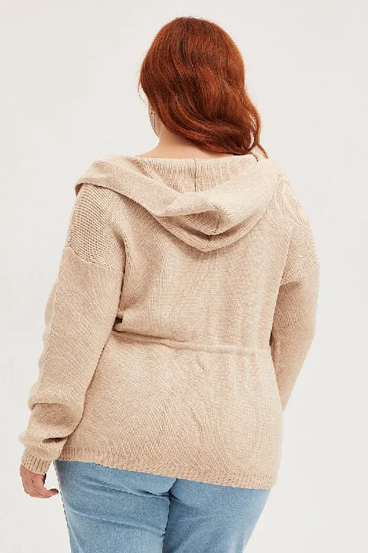 Beige Knit Cardigan Long Sleeve Hoodie