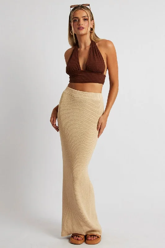 Beige Knit Skirt Maxi High Rise