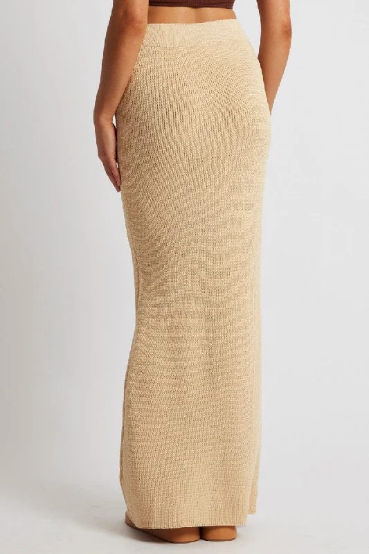 Beige Knit Skirt Maxi High Rise