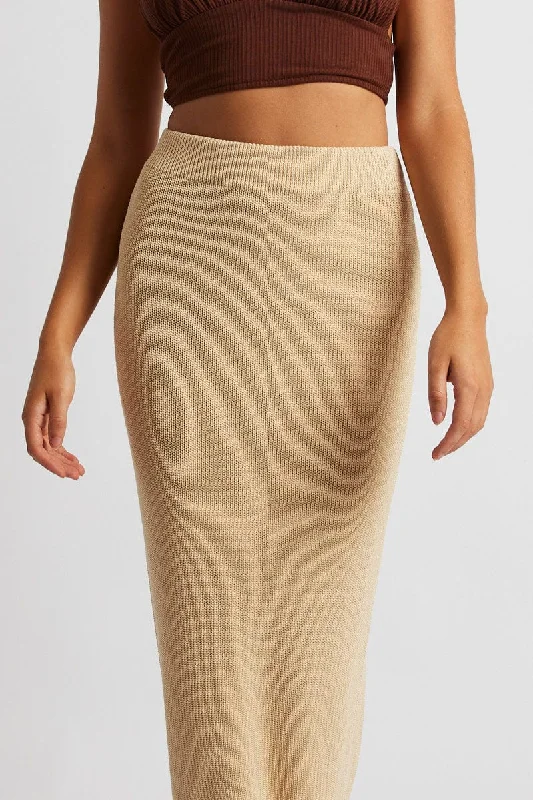 Beige Knit Skirt Maxi High Rise