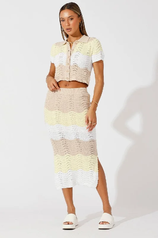 Beige Stripe Crochet Knit Top Collared