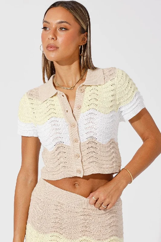 Beige Stripe Crochet Knit Top Collared