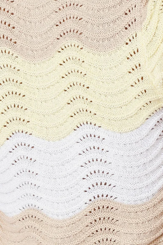 Beige Stripe Crochet Knit Top Collared