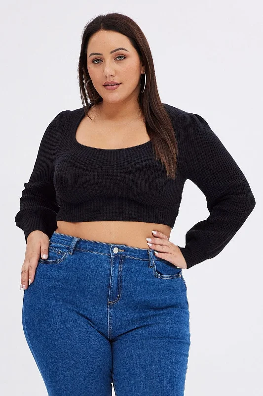 Black Knit Top Square Neck Long Sleeve Crop