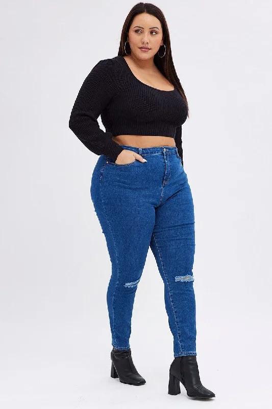 Black Knit Top Square Neck Long Sleeve Crop