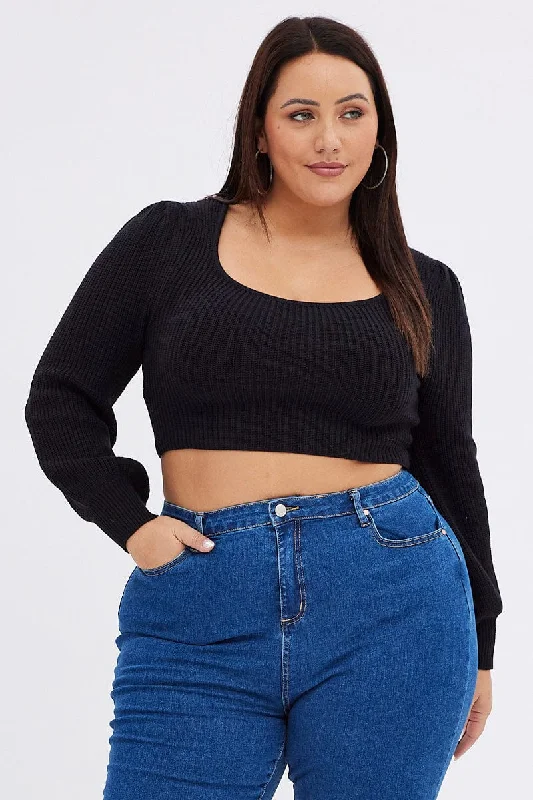 Black Knit Top Square Neck Long Sleeve Crop