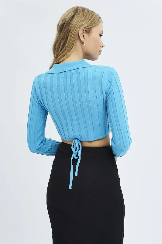 Blue Knit Top Long Sleeve Crop Collared