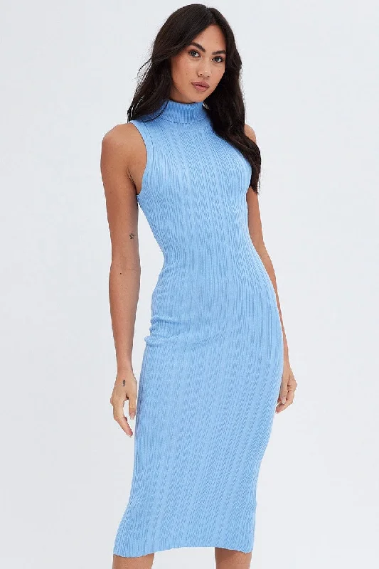 Blue Midi Dress Turtle Neck Bodycon Knitted Rib