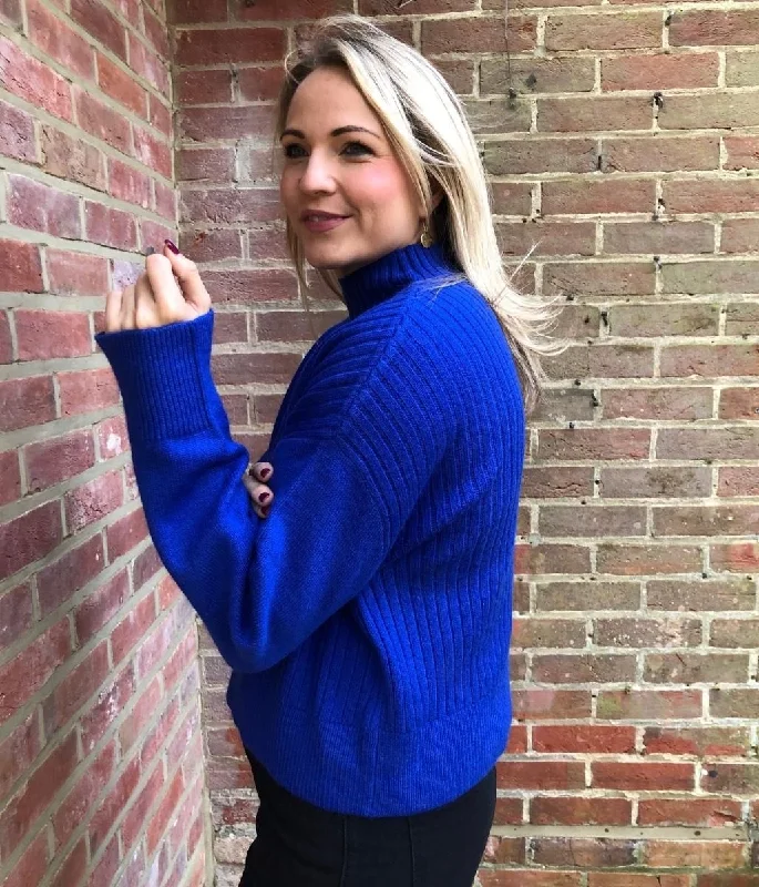 Blue Part Ribbed Funnel Neck Jumper