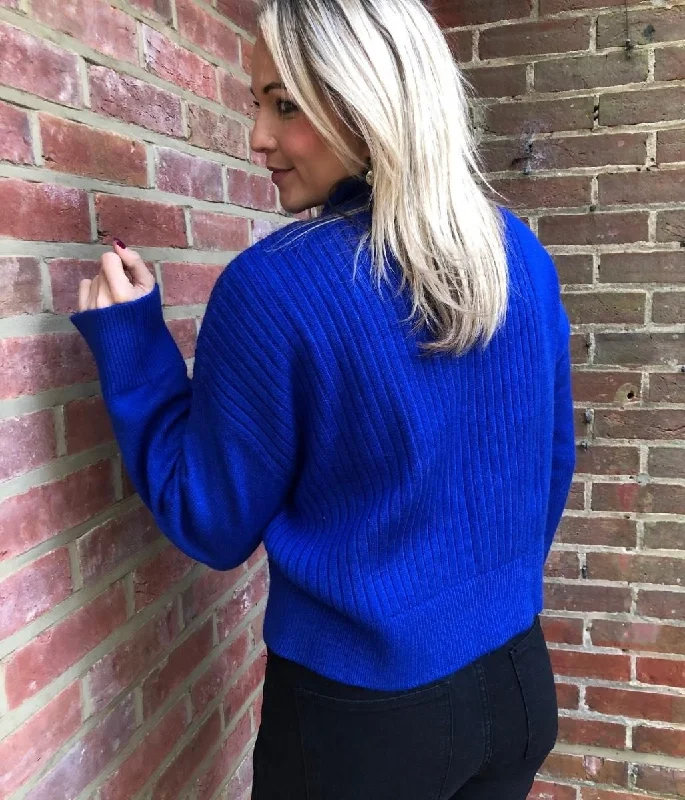 Blue Part Ribbed Funnel Neck Jumper