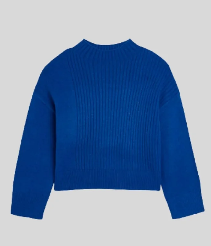 Blue Part Ribbed Funnel Neck Jumper