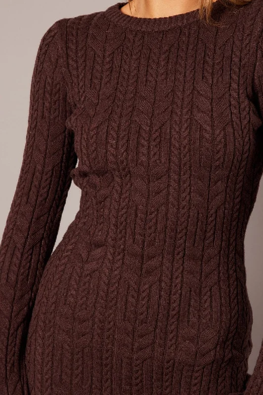 Brown Knit Dress Long Sleeve Cable Mini