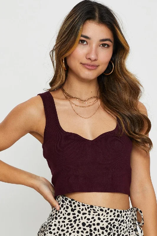 Brown Knit Top Sleeveless Sweetheart