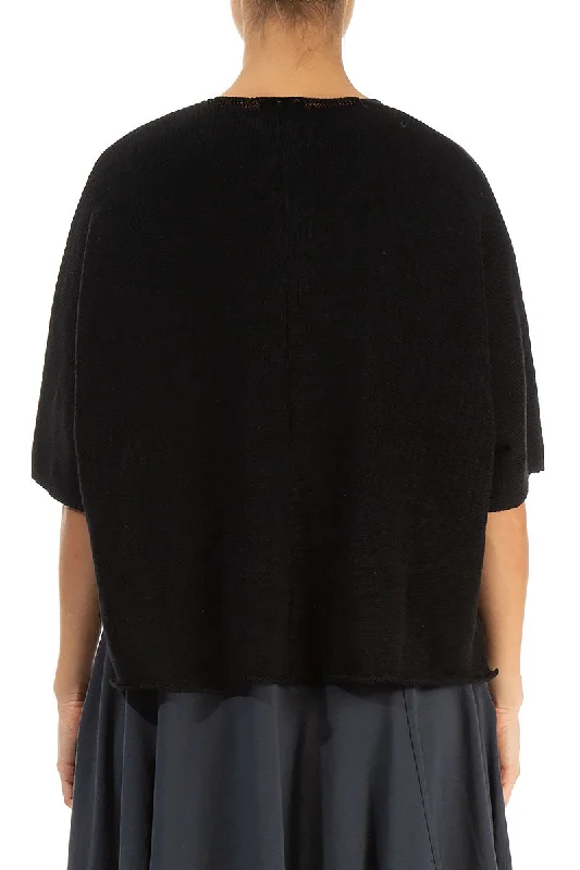 Button Band Boxy Black Linen Cardigan