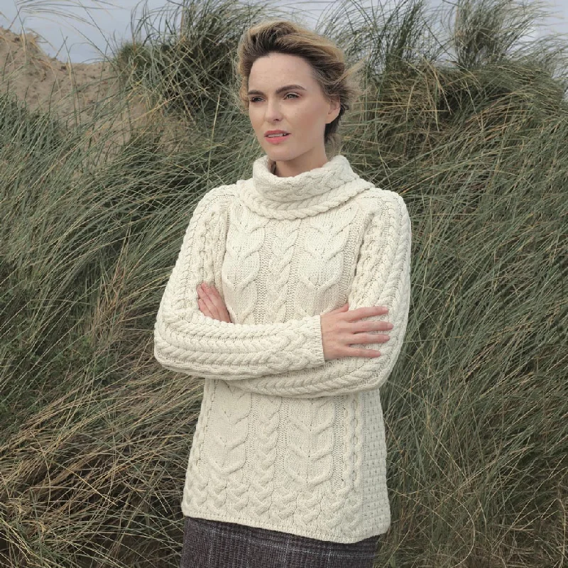 Roll Neck Aran Knit Sweater- Cream