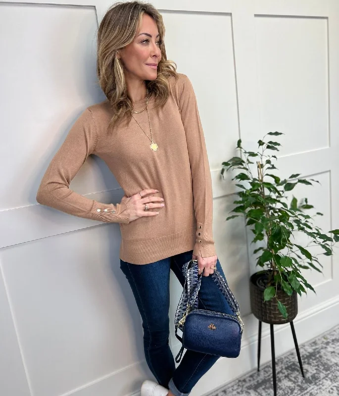 Camel Fine Knit Button Cuff Jumper