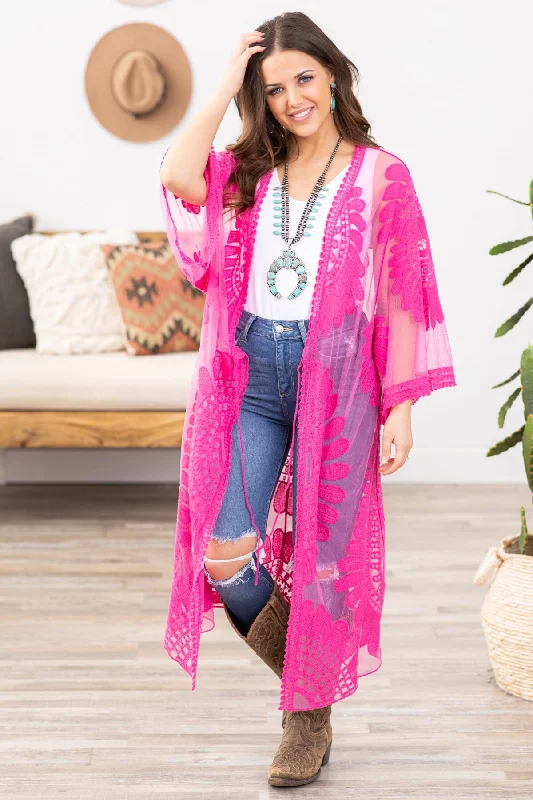 Fuchsia Lace Mid Length Kimono