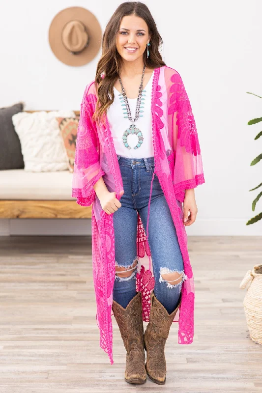 Fuchsia Lace Mid Length Kimono