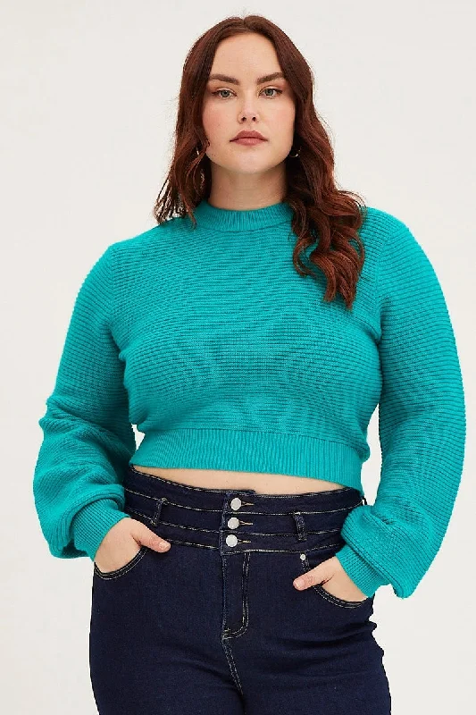 Green Jumper Round Neck Long Sleeve Crop Knit