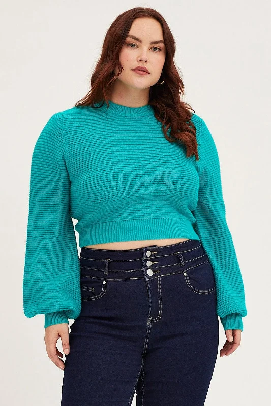 Green Jumper Round Neck Long Sleeve Crop Knit