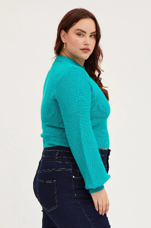 Green Jumper Round Neck Long Sleeve Crop Knit