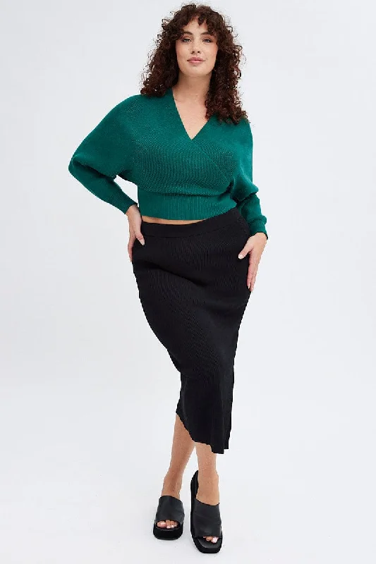 Green Knit Top Long Sleeve Cross Over