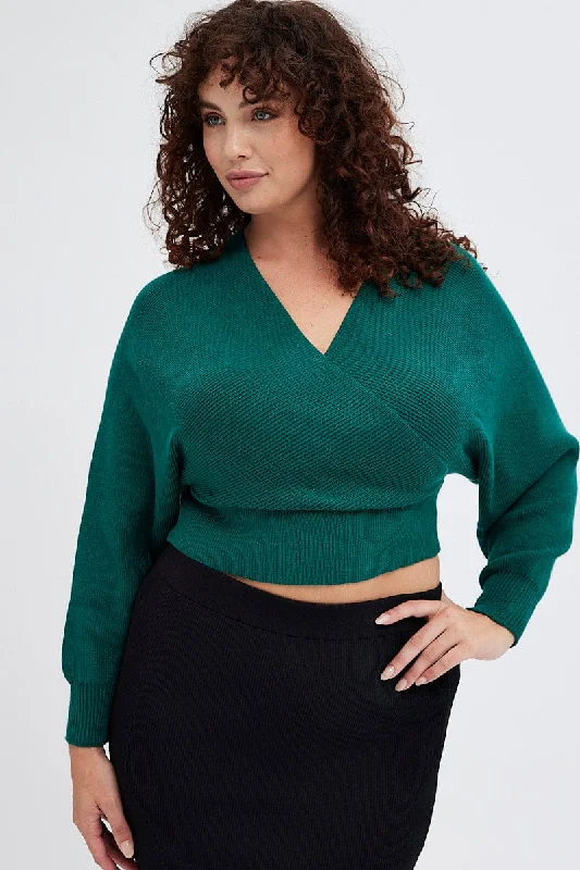 Green Knit Top Long Sleeve Cross Over