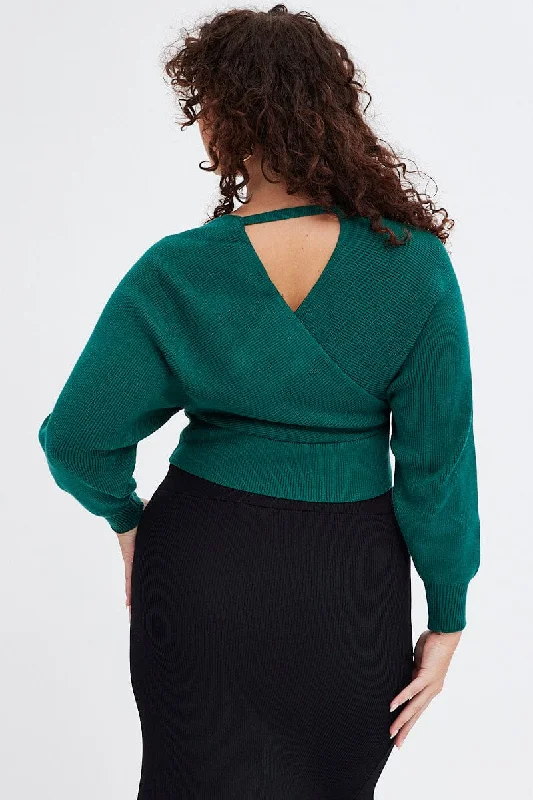 Green Knit Top Long Sleeve Cross Over