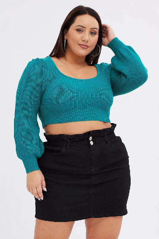 Green Knit Top Square Neck Long Sleeve Crop