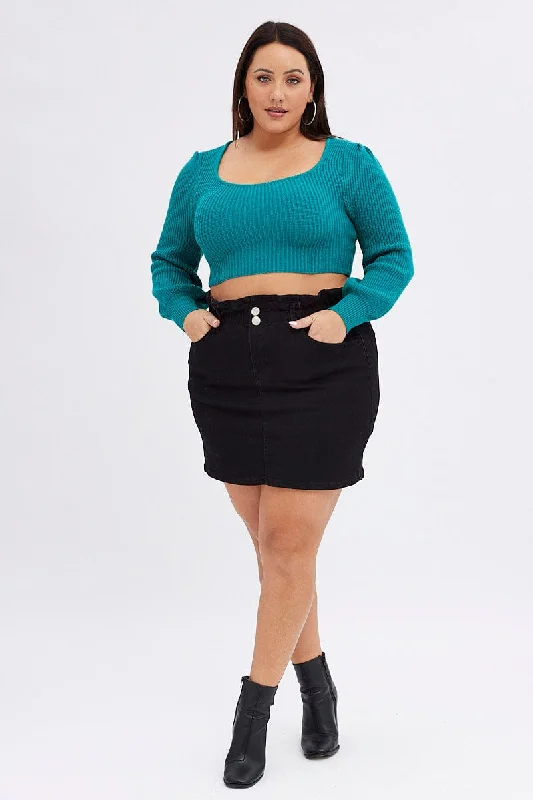 Green Knit Top Square Neck Long Sleeve Crop