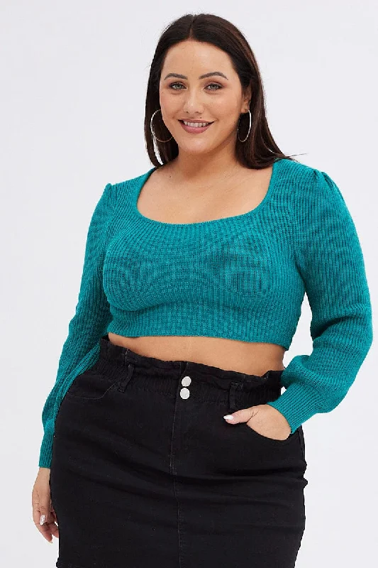 Green Knit Top Square Neck Long Sleeve Crop