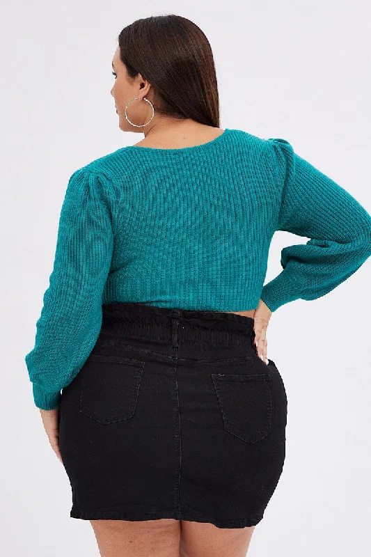 Green Knit Top Square Neck Long Sleeve Crop