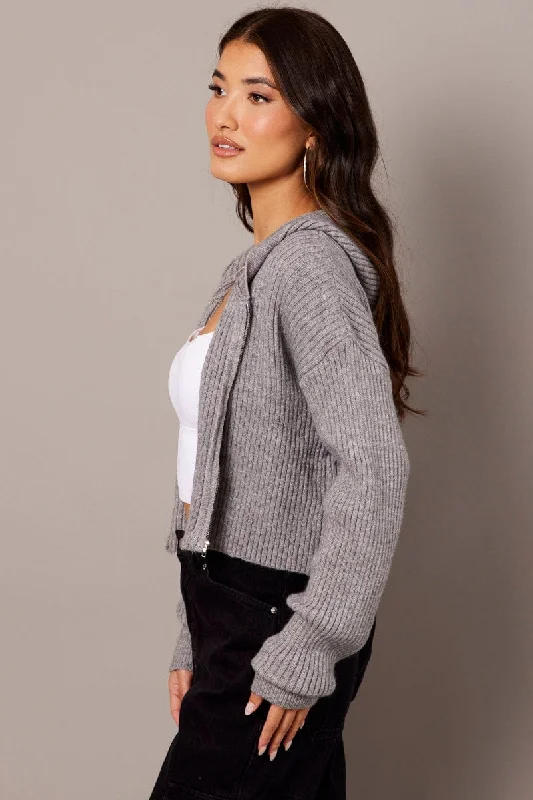 Grey Knit Cardigan Long Sleeve Hooded