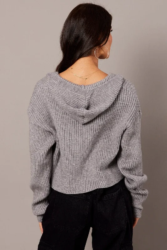 Grey Knit Cardigan Long Sleeve Hooded