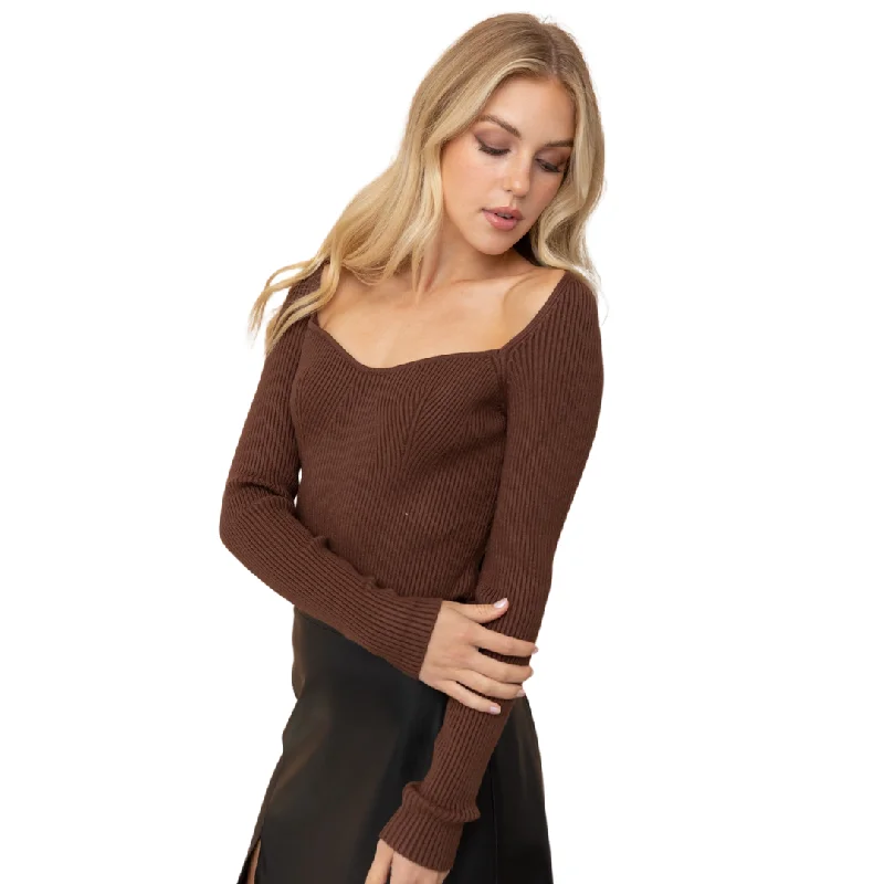 Heart Neck Rib Sweater (Brown)