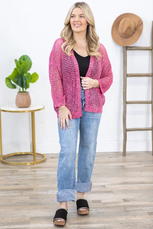 Hot Pink Crochet Open Cardigan With Lurex