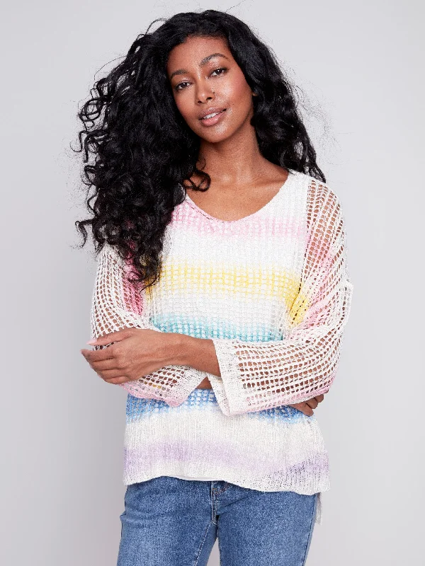 Printed Fishnet Crochet Sweater - Rainbow