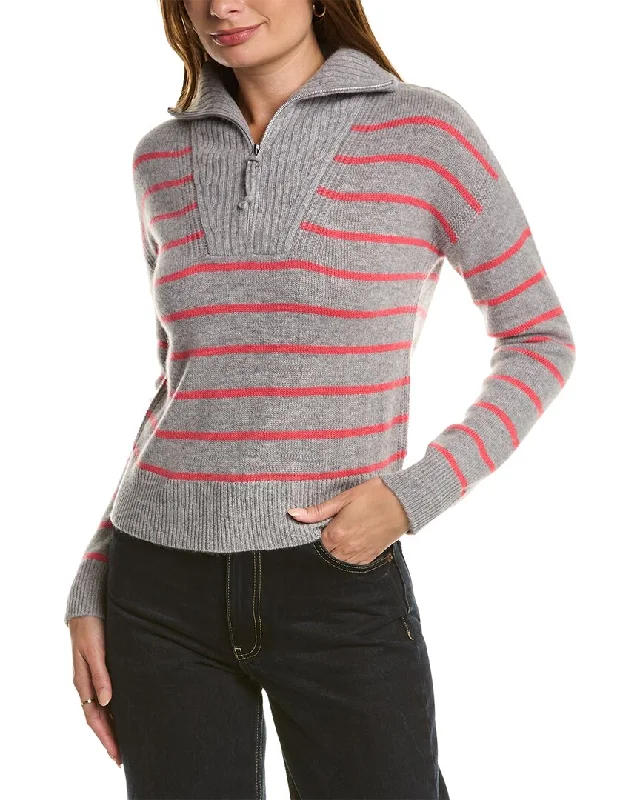 Qi Cashmere Striped Zip Mock Neck Cashmere Sweater