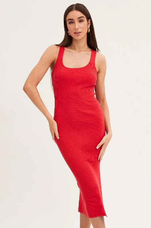 Red Bodycon Midi Dress Round Neck Knit