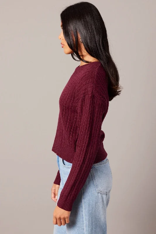 Red Cable Knit Top Long Sleeve